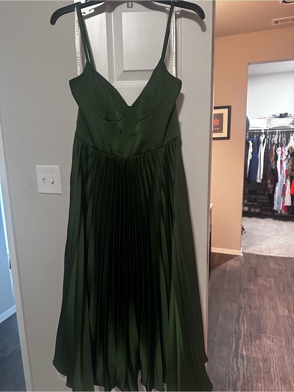 Azazie Dark Green Pleated Midi Dress - Spaghetti Straps
